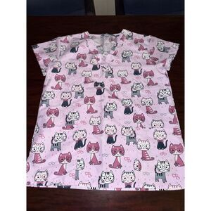 Wear For Care Light Pink Cat Graphic Scrub Top Size Small